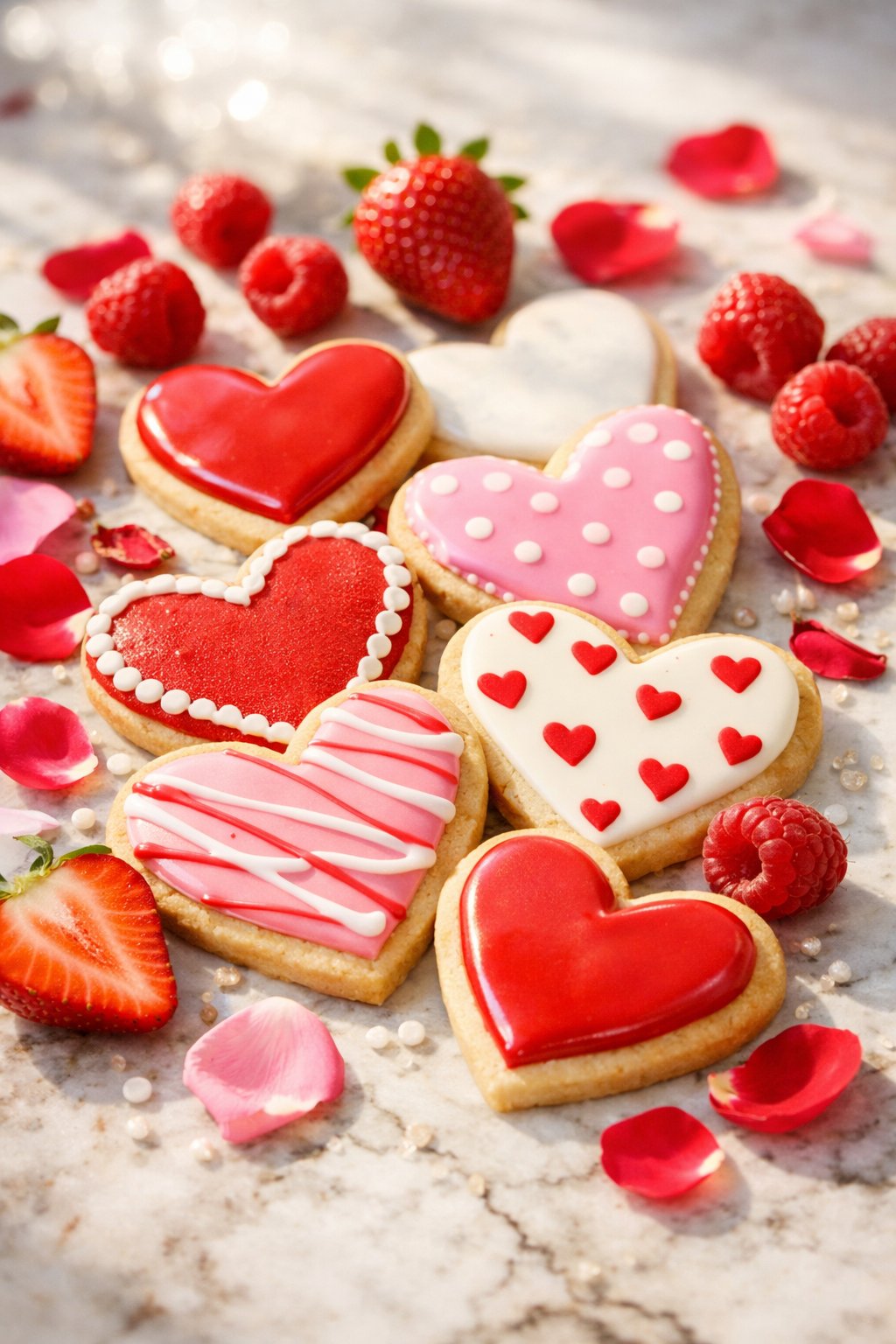 Heart-shaped sugar cookies decorated with colorful icing arranged on a rustic surface with fresh berries and rose petals.