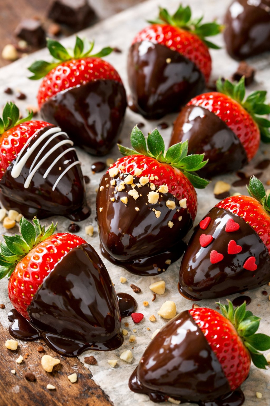 A close-up view of chocolate-dipped strawberries arranged on a rustic wood or marble surface.