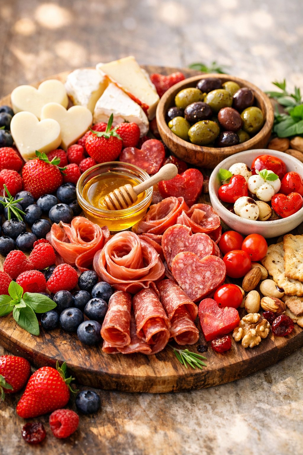 A cheese and charcuterie platter with assorted cheeses, cured meats, berries, nuts, olives, and herbs on a rustic wood or marble surface.