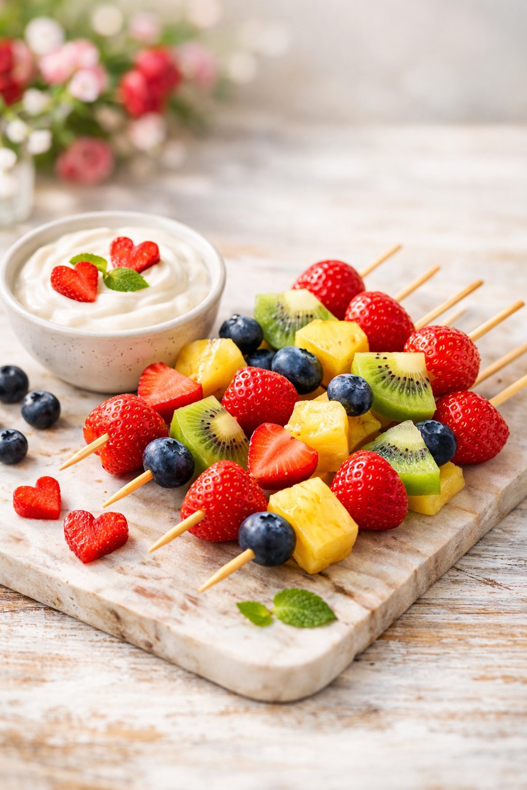 A plate of colorful fruit skewers with a bowl of yogurt dip on a rustic wooden surface.