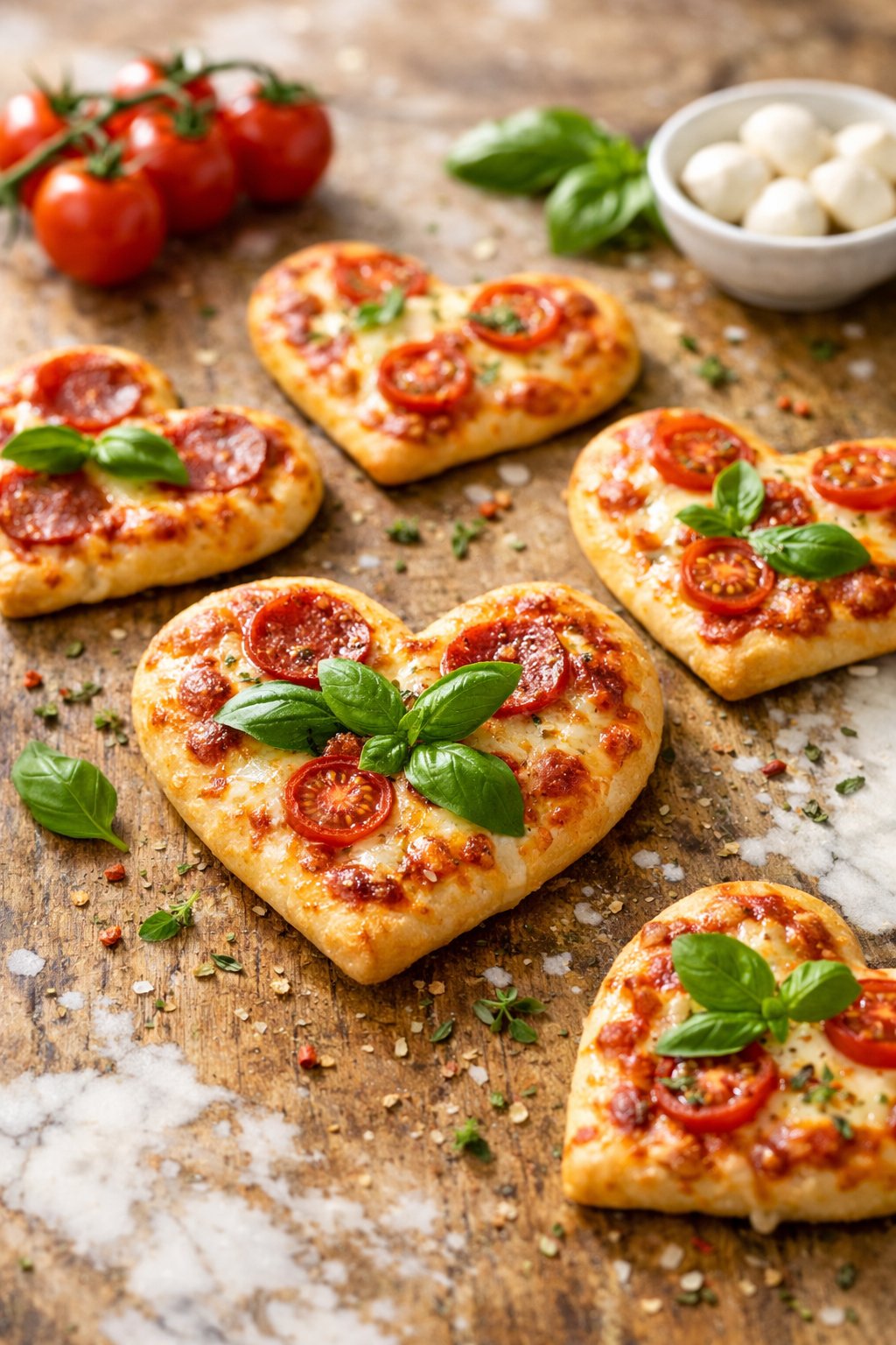 Heart-shaped mini pizzas with fresh toppings arranged on a rustic wooden surface.