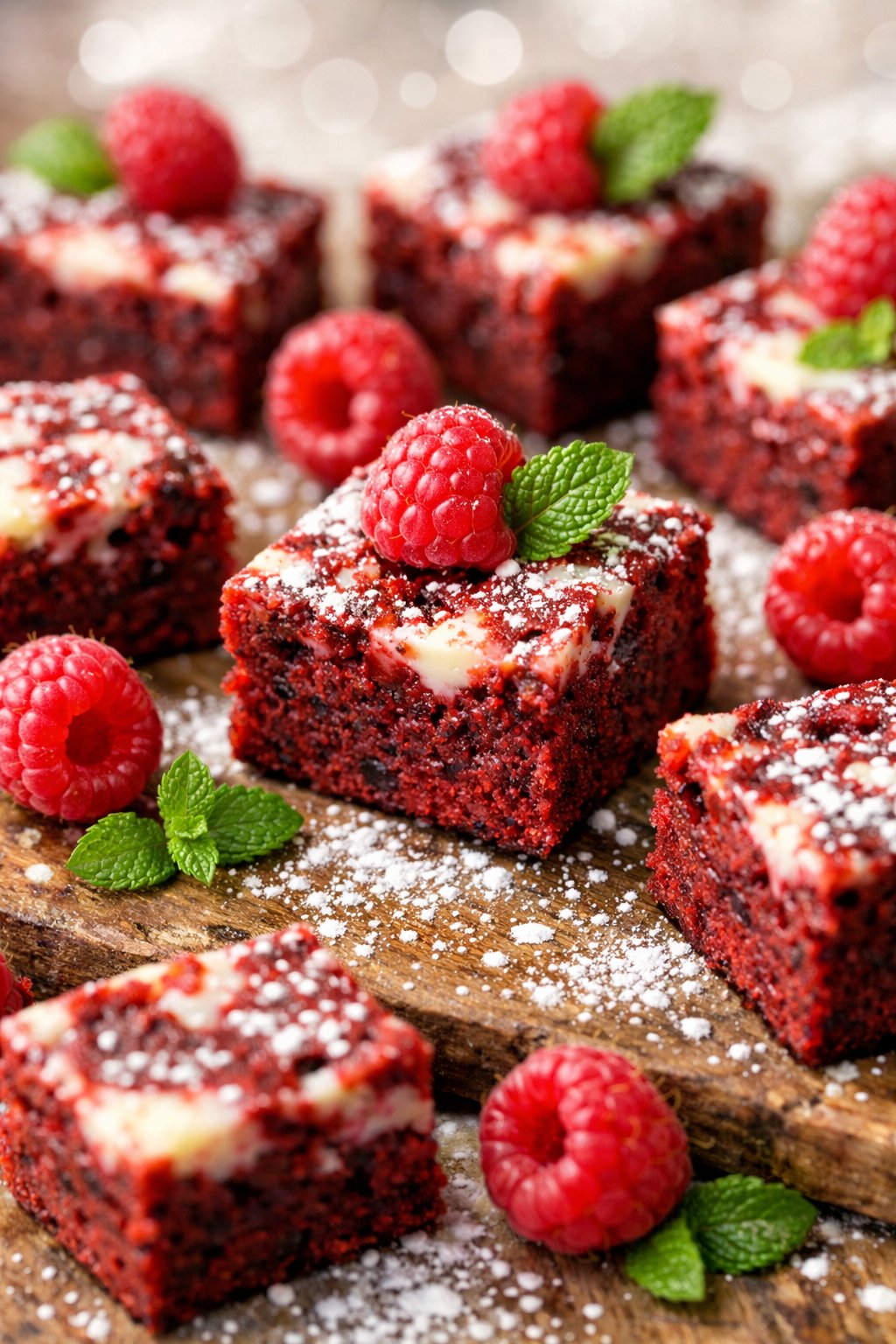 Close-up of red velvet brownie bites on a rustic surface with fresh raspberries and mint leaves.