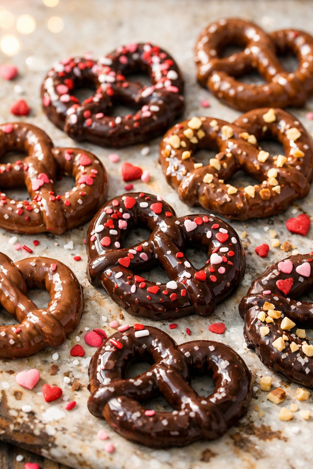 Close-up of chocolate-covered pretzels with colorful toppings on a rustic wooden or marble surface.