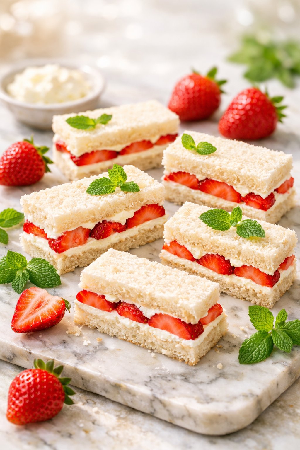 A plate of strawberry and cream cheese finger sandwiches with fresh strawberries and mint on a wooden surface.