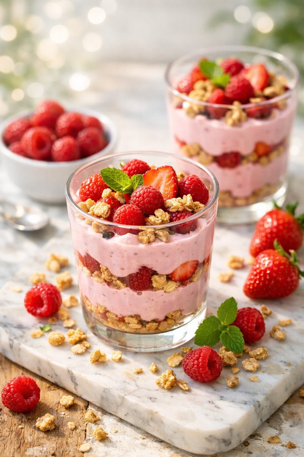 Pink yogurt parfaits with fresh berries and granola served in glass cups on a rustic wood or marble surface.