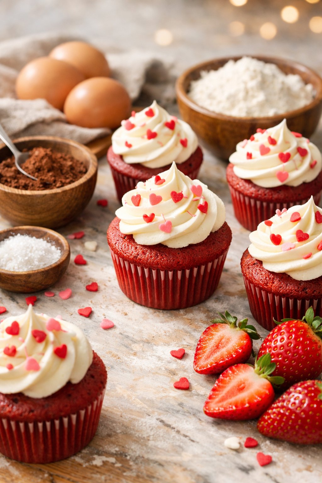 A group of red velvet cupcakes with cream cheese frosting and heart-shaped sprinkles on a rustic wood surface surrounded by fresh baking ingredients like eggs, cocoa powder, flour, and strawberries.