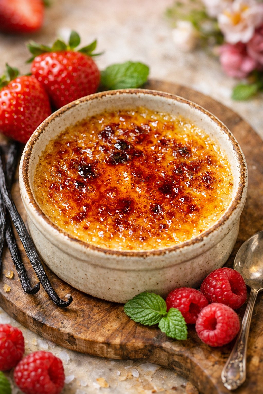 A caramelized Crème Brûlée dessert in a ramekin surrounded by fresh berries and mint leaves on a wooden surface.