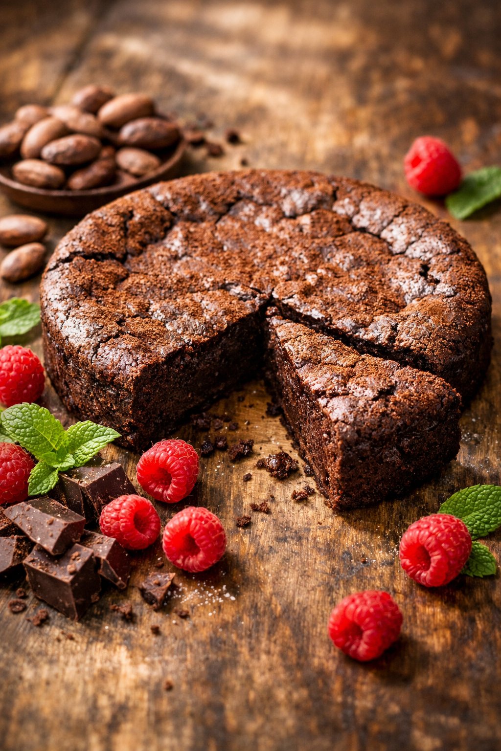 A sliced flourless chocolate cake on a rustic surface with fresh raspberries and mint leaves around it.