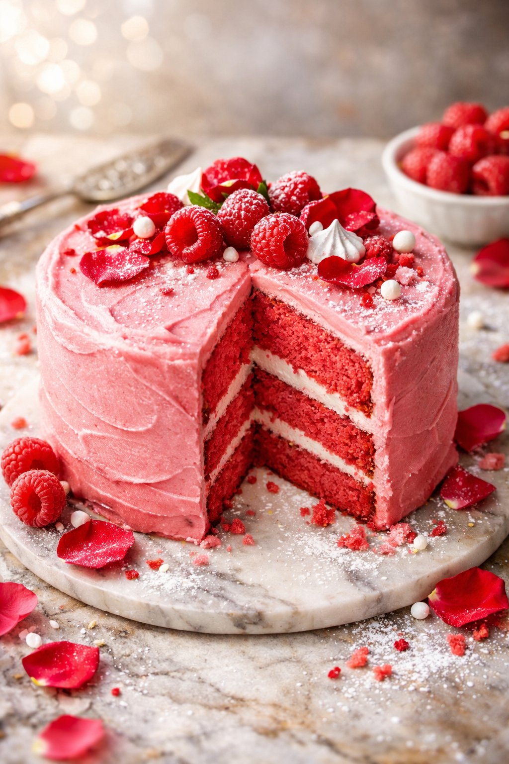 A pink velvet cake on a rustic surface surrounded by fresh raspberries and rose petals.