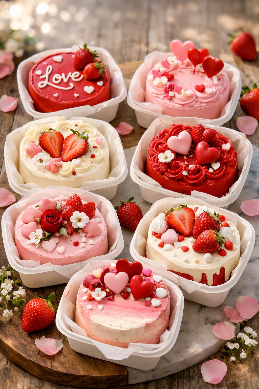Seven Valentine’s Day bento cakes decorated with strawberries and heart-shaped toppings on a rustic surface.
