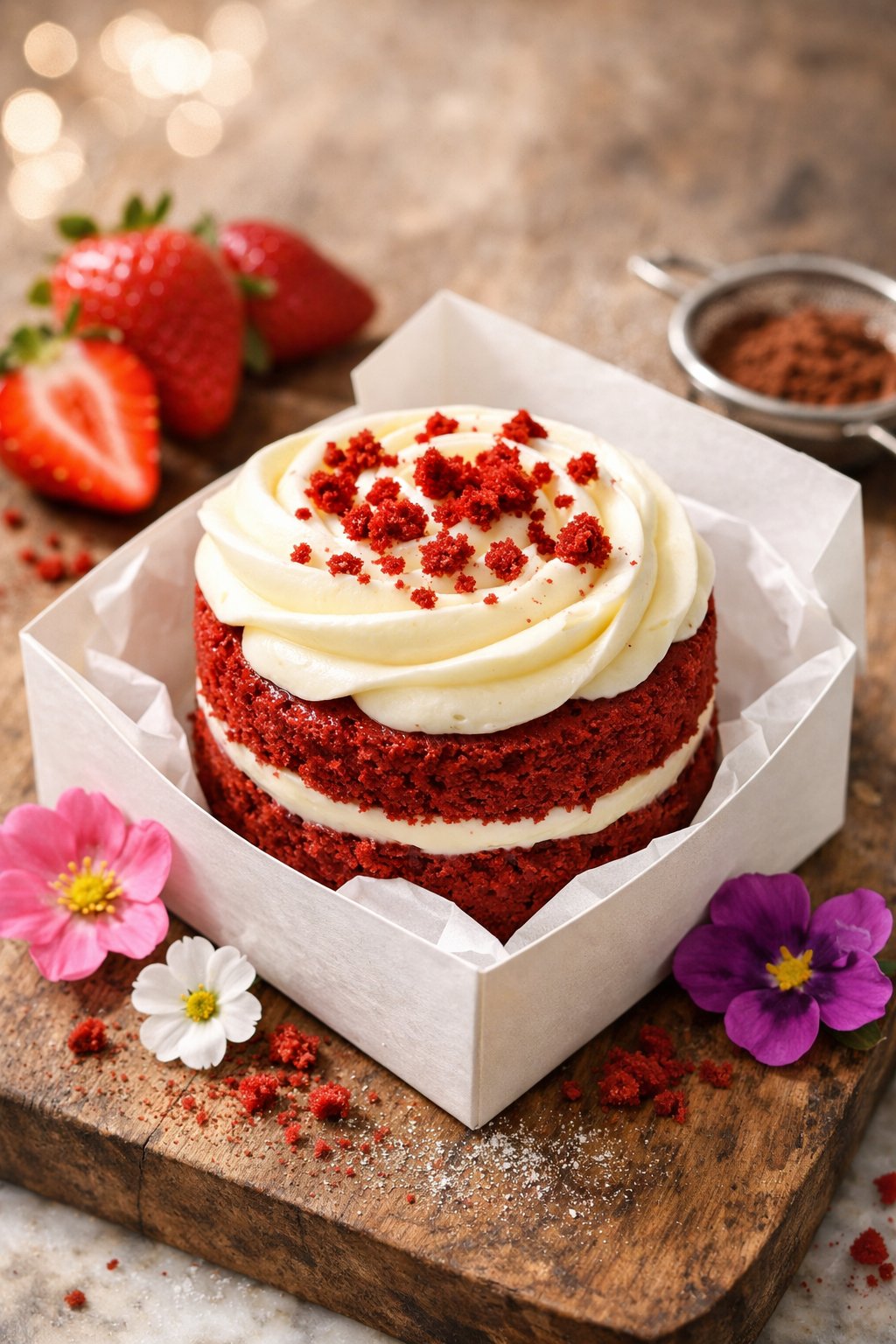 A red velvet mini cake with cream cheese frosting on a rustic wooden or marble surface, surrounded by fresh strawberries and edible flowers.