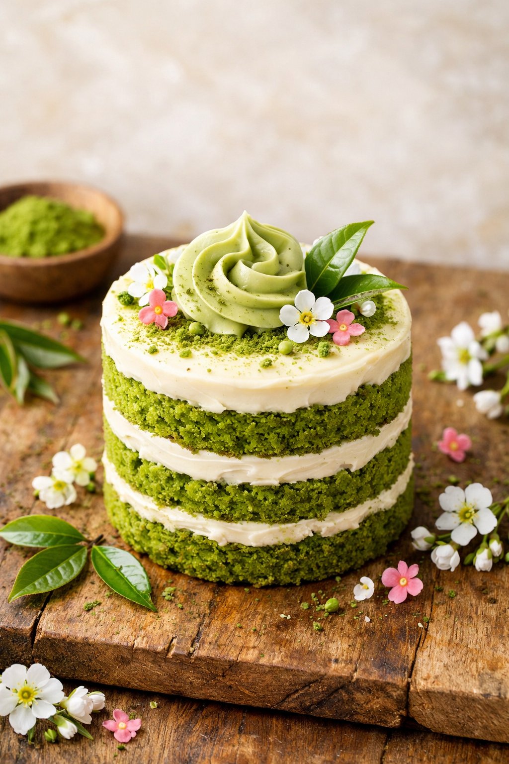 A mini matcha green tea layer cake on a rustic wood surface with fresh green tea leaves and small flowers around it.