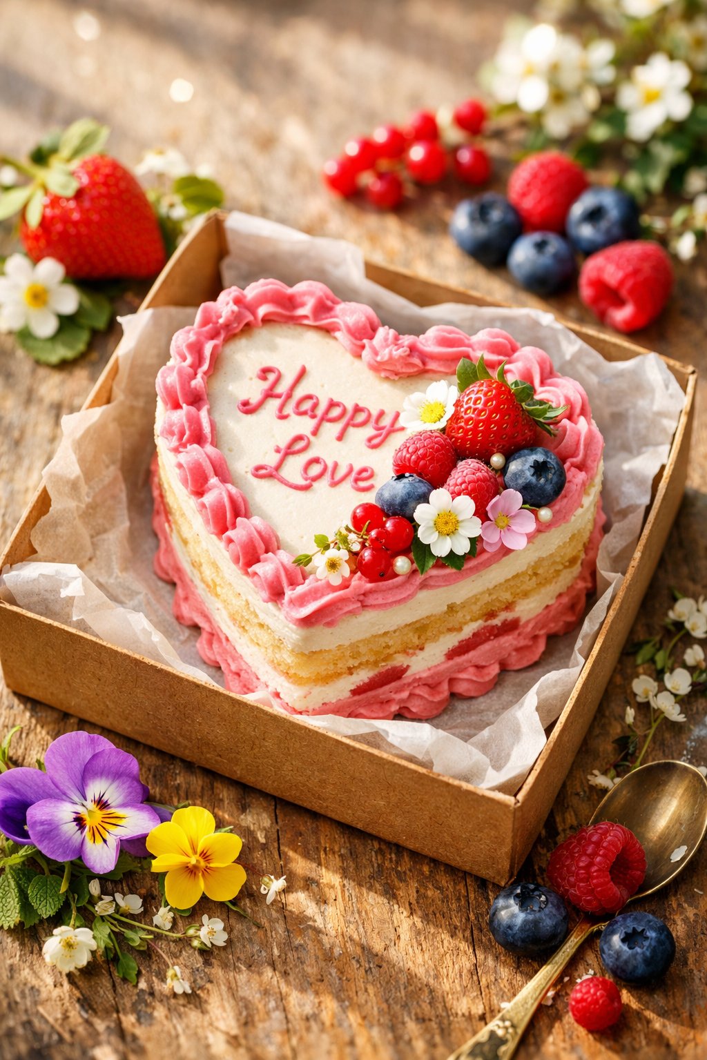A heart-shaped bento cake on a rustic surface surrounded by fresh berries and greenery, with a softly blurred background.