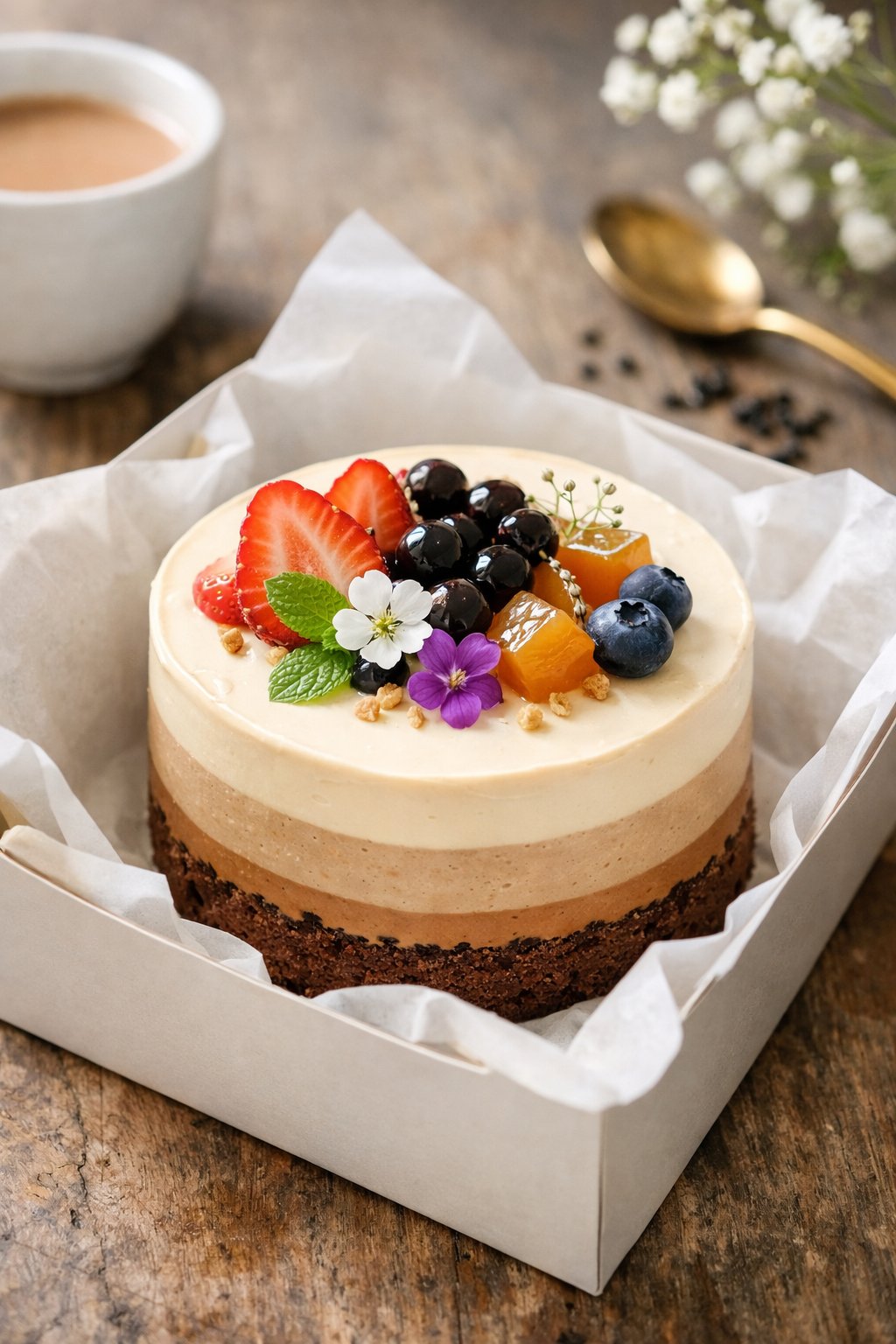 A Korean-inspired layered milk tea bento cake on a rustic surface with fresh garnishes and vibrant colors.