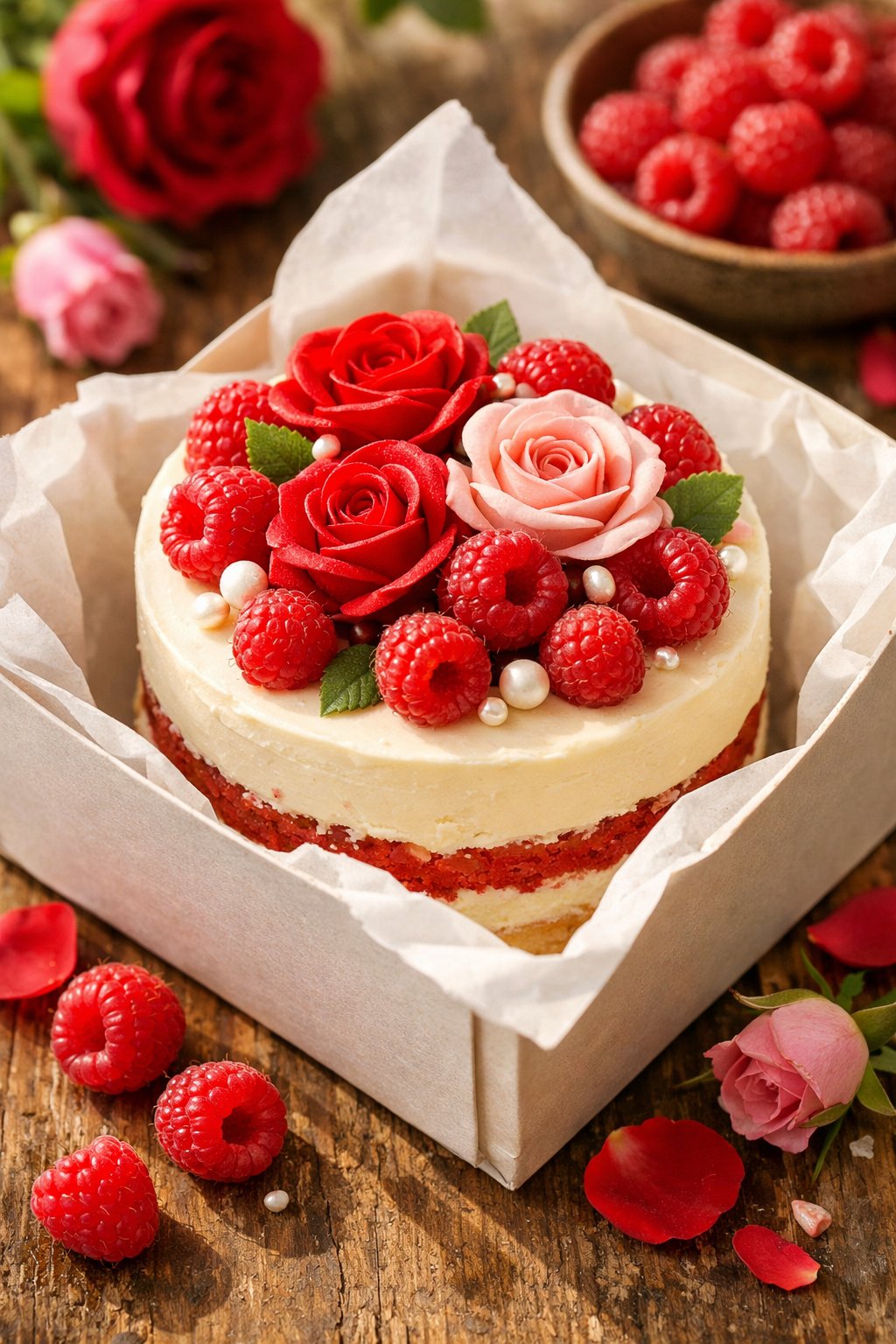 A bento cake topped with edible roses and fresh raspberries on a rustic wooden surface.