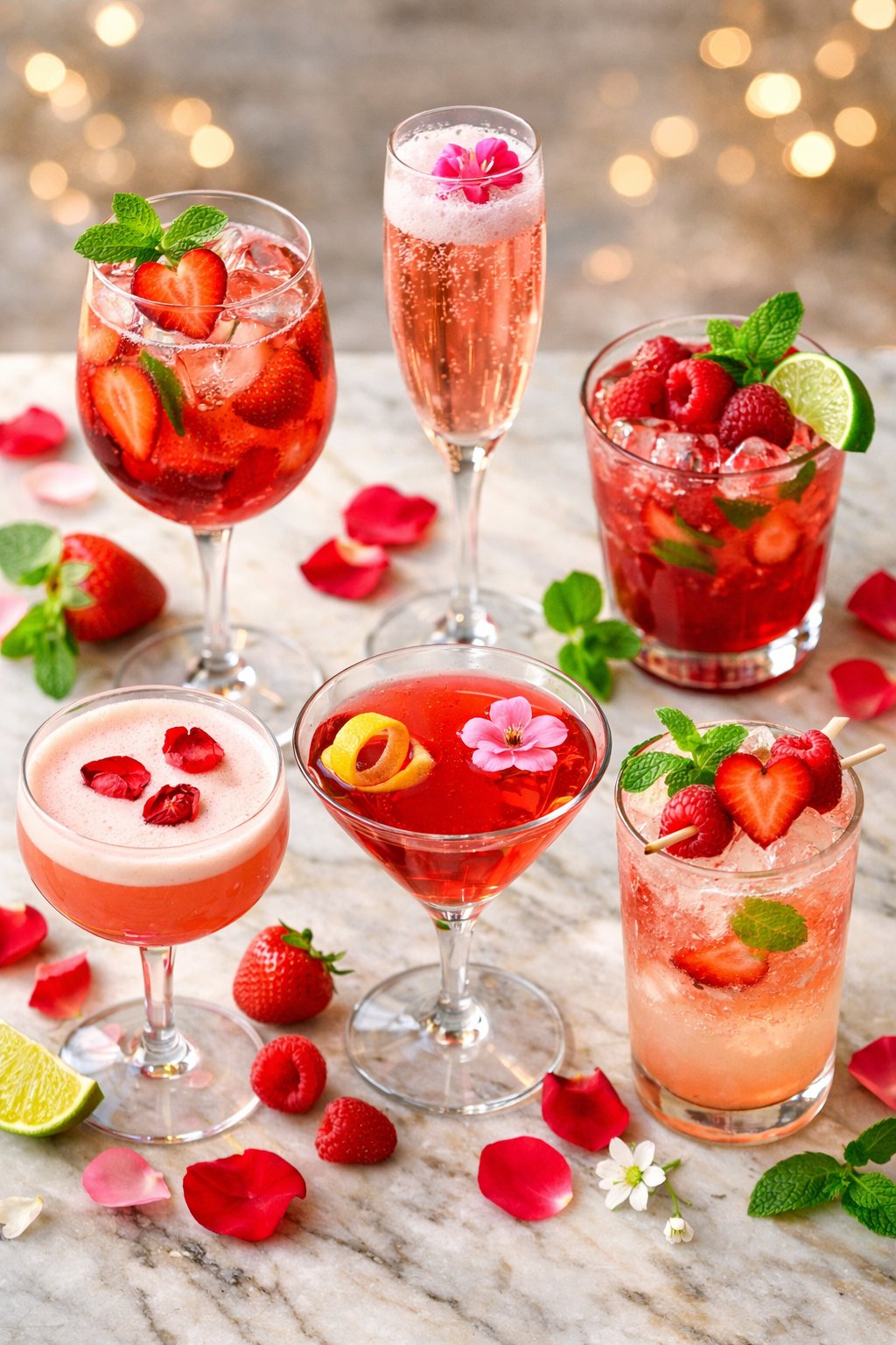 Six colorful Valentine's Day drinks arranged on a wooden or marble surface, garnished with fresh fruit and herbs.