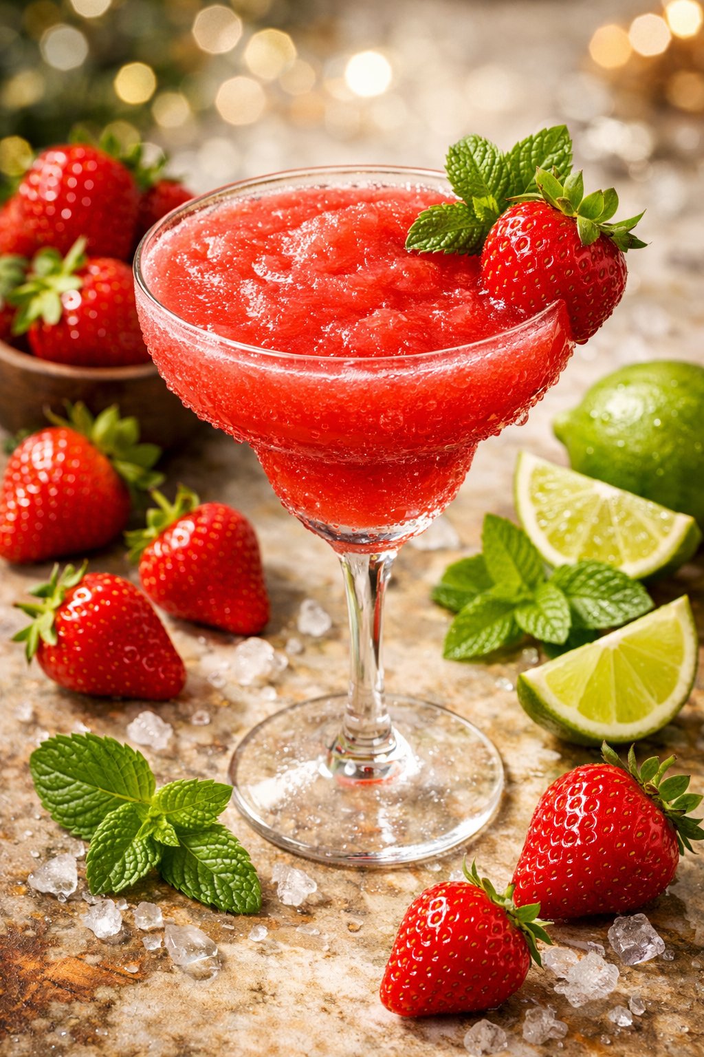 A glass of strawberry daiquiri surrounded by fresh strawberries, lime wedges, and mint leaves on a rustic wood surface.