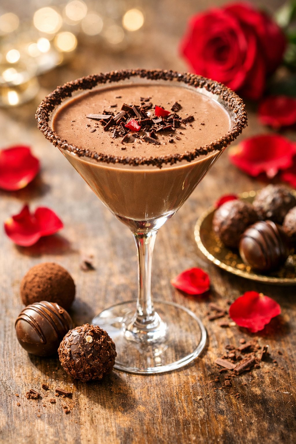 A chocolate truffle martini in a glass on a rustic surface, garnished with chocolate shavings and rose petals.