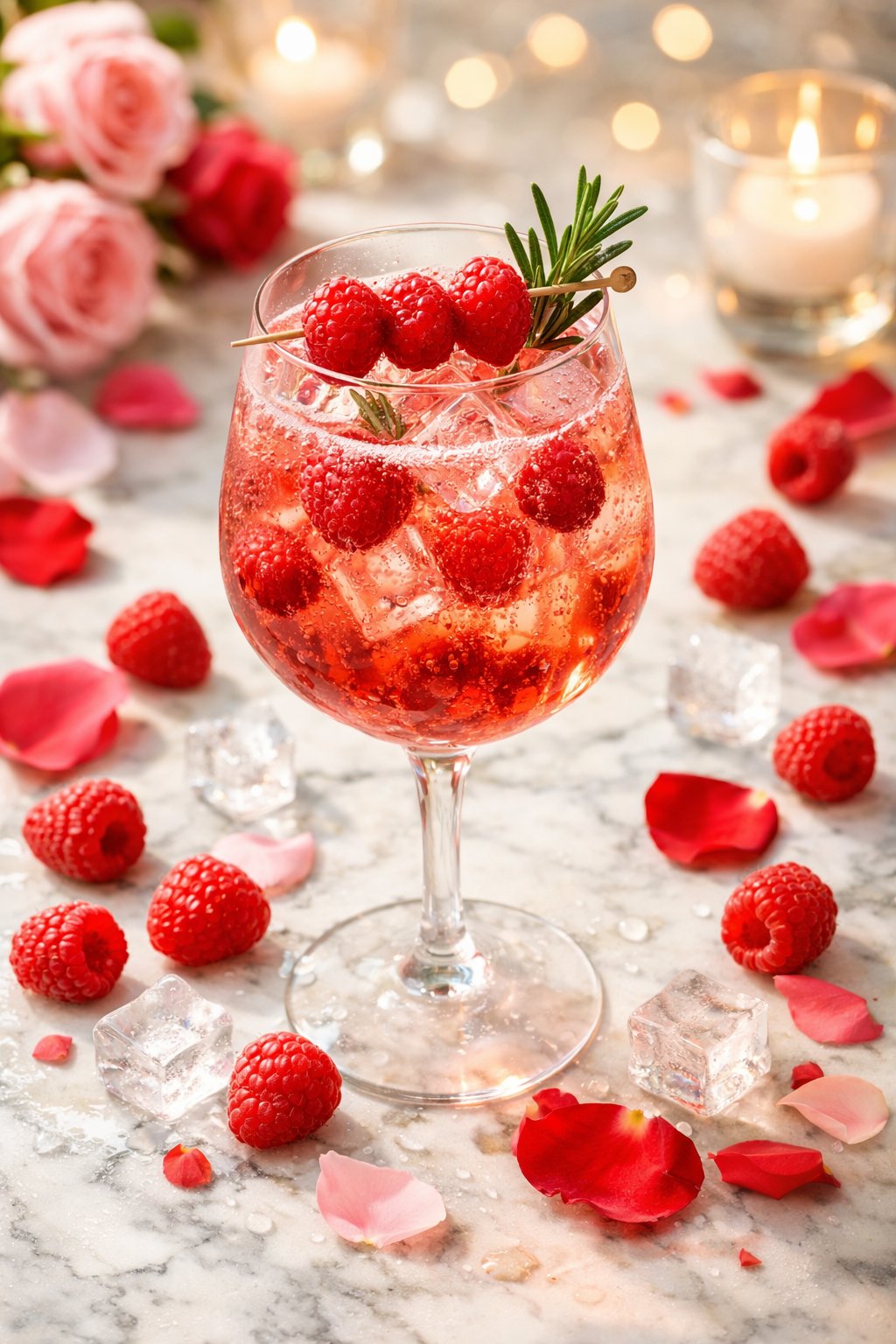 A Raspberry Rosé Spritz cocktail garnished with raspberries and rosemary on a rustic wooden surface, surrounded by fresh raspberries and rose petals.