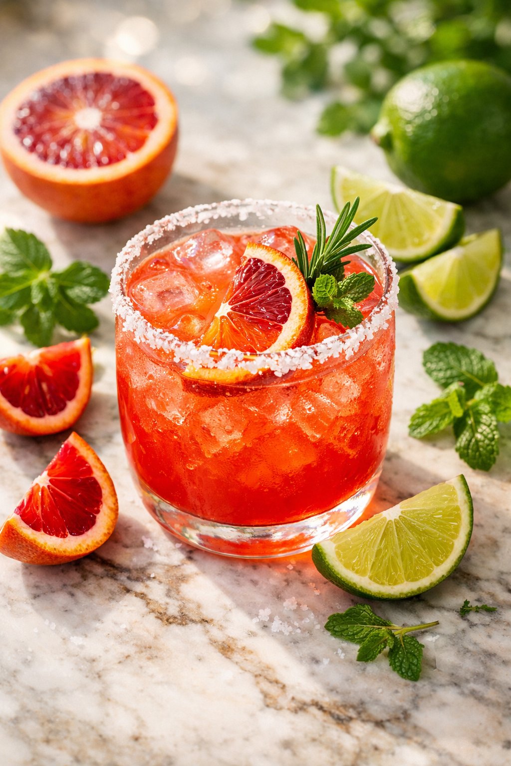A vibrant Blood Orange Margarita cocktail on a rustic wood surface surrounded by fresh blood orange slices and herbs.