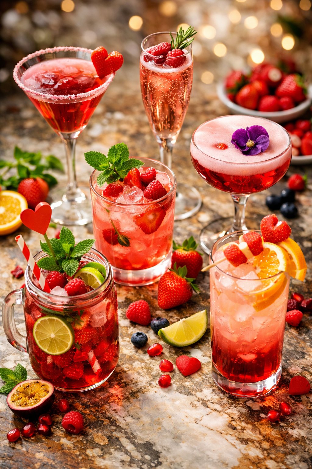 Six colorful Valentine's Day drinks arranged on a rustic wood or marble surface with fresh ingredients and garnishes.
