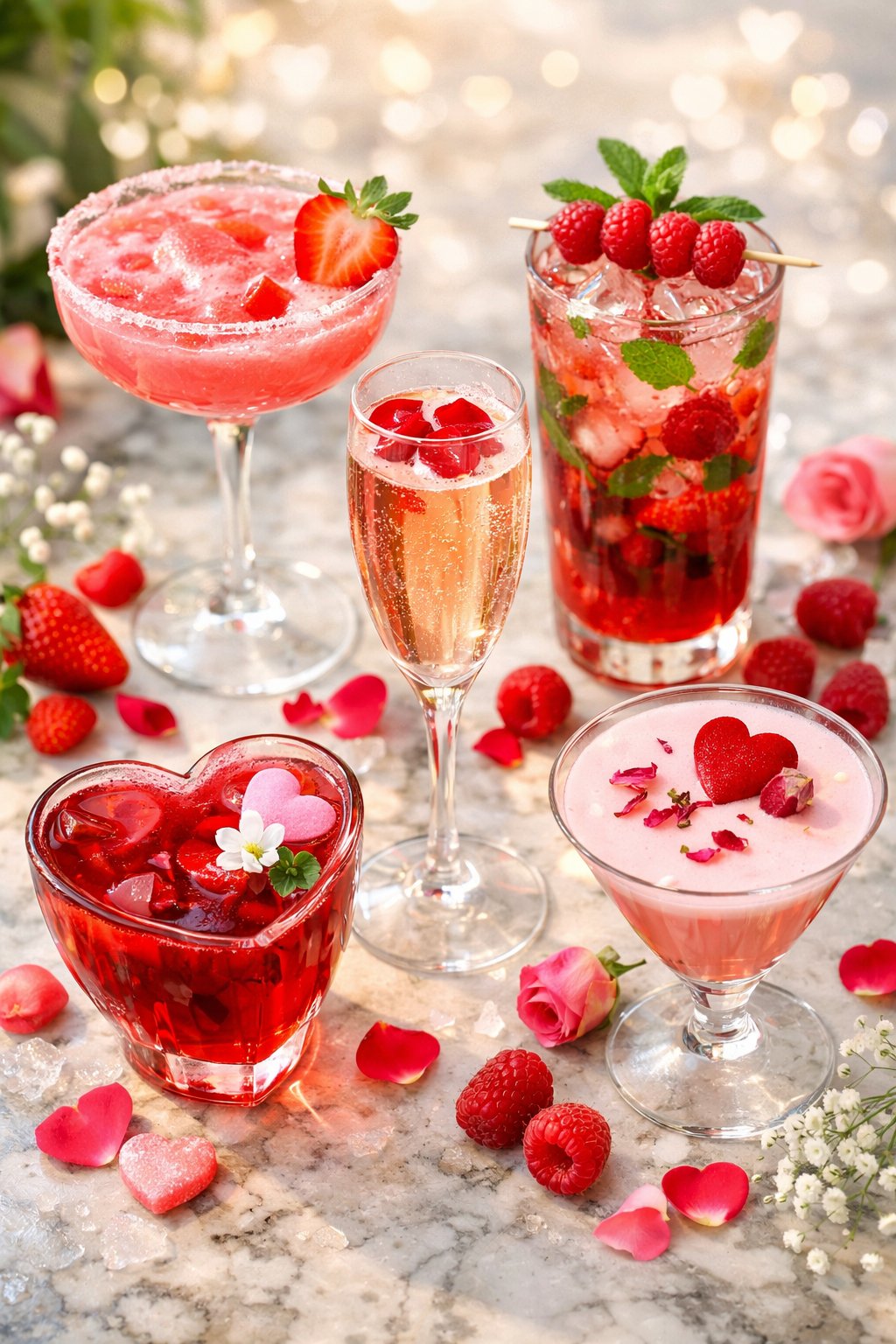 Five colorful Valentine's Day cocktails arranged on a rustic surface with fresh fruit garnishes and herbs.