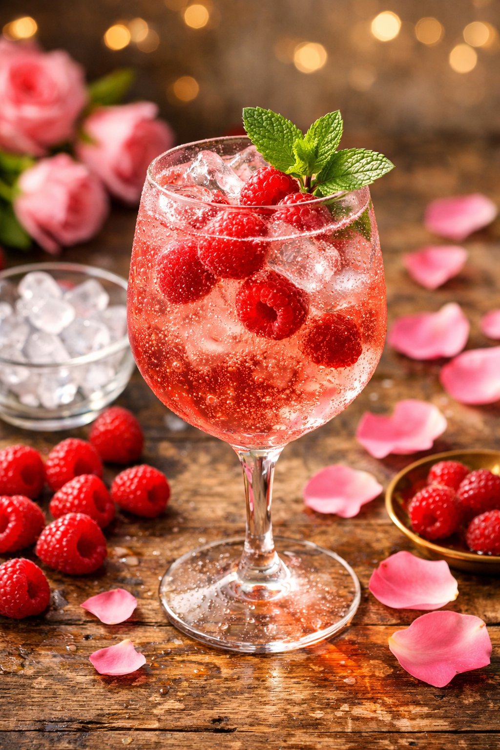 A glass of pink Raspberry Rosé Spritz cocktail garnished with raspberries and mint on a rustic wood surface with fresh raspberries and rose petals around it.