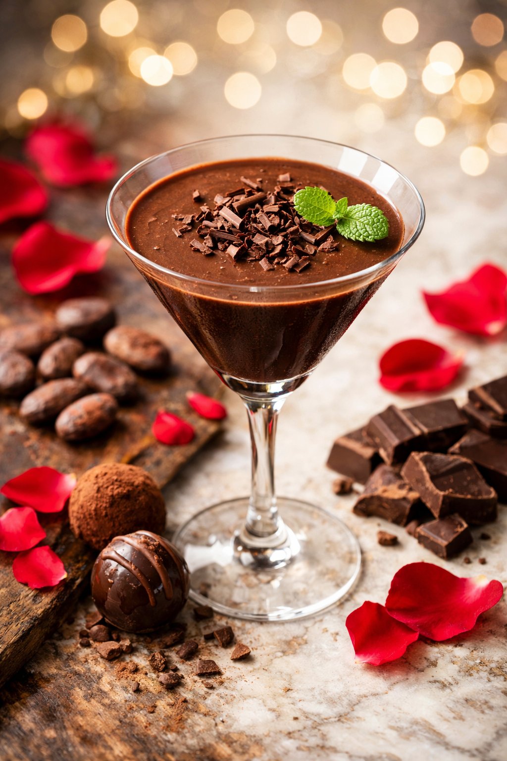 A Chocolate Truffle Martini cocktail on a rustic surface with chocolate shavings, mint leaf, cocoa beans, and rose petals around it.