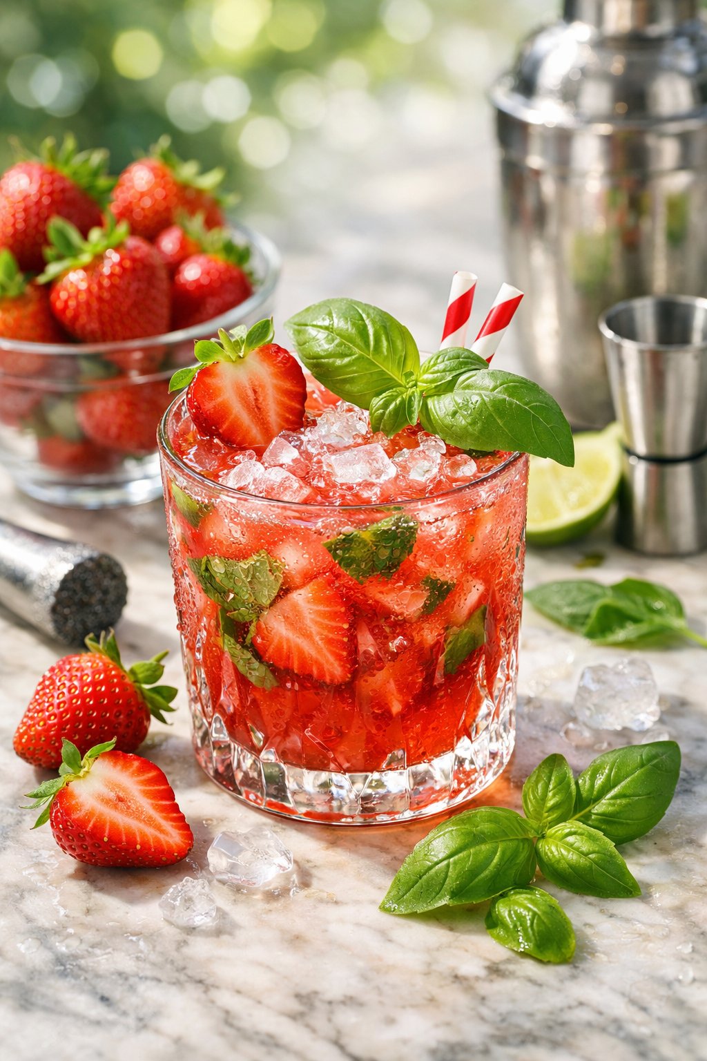 A glass of Strawberry Basil Gin Smash cocktail surrounded by fresh strawberries and basil leaves on a rustic surface.