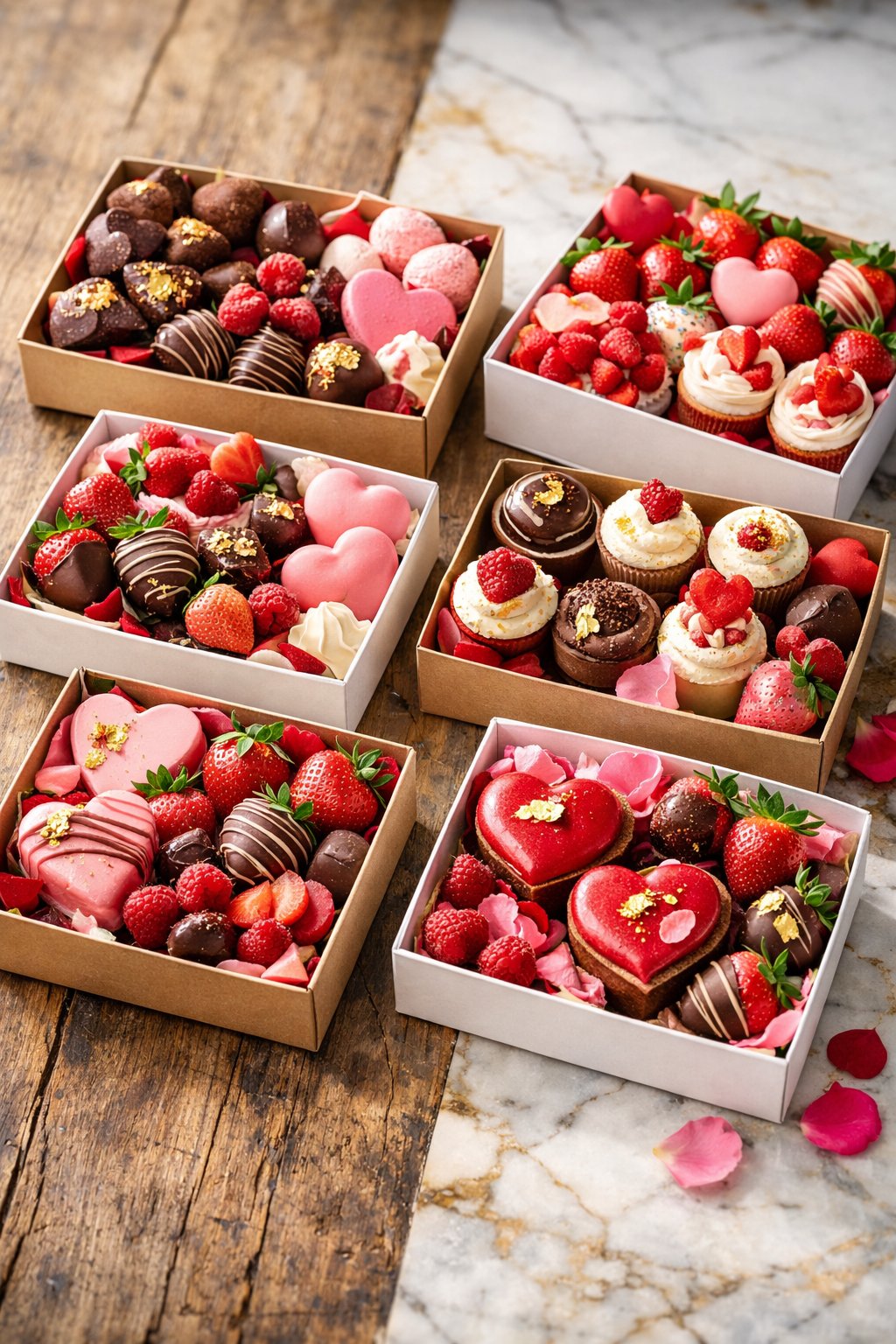 Six Valentine's Day dessert boxes with colorful and fresh ingredients arranged on a rustic wood and marble surface.