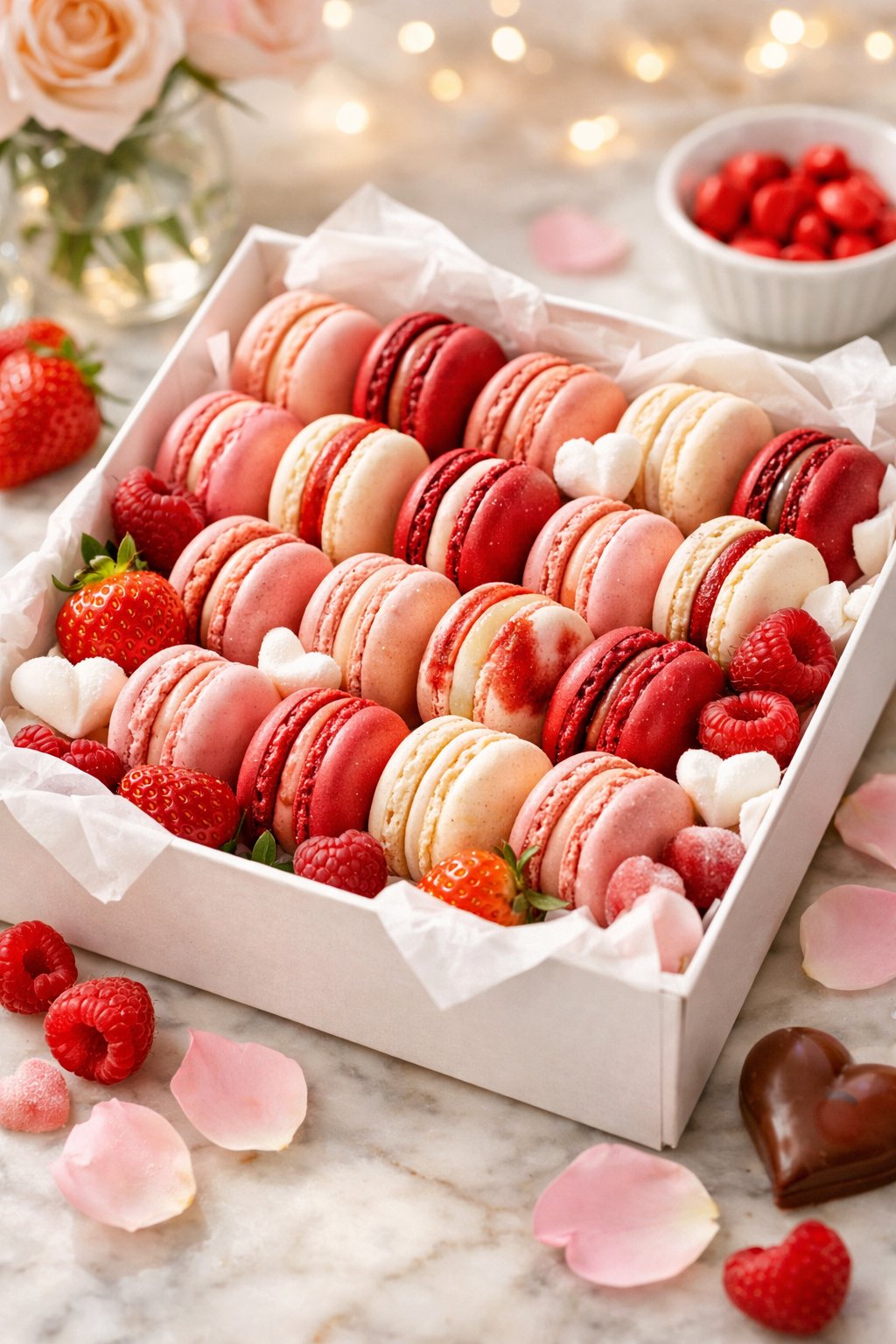 A box of assorted macarons in pink, red, and cream colors arranged on a rustic wooden or marble surface.