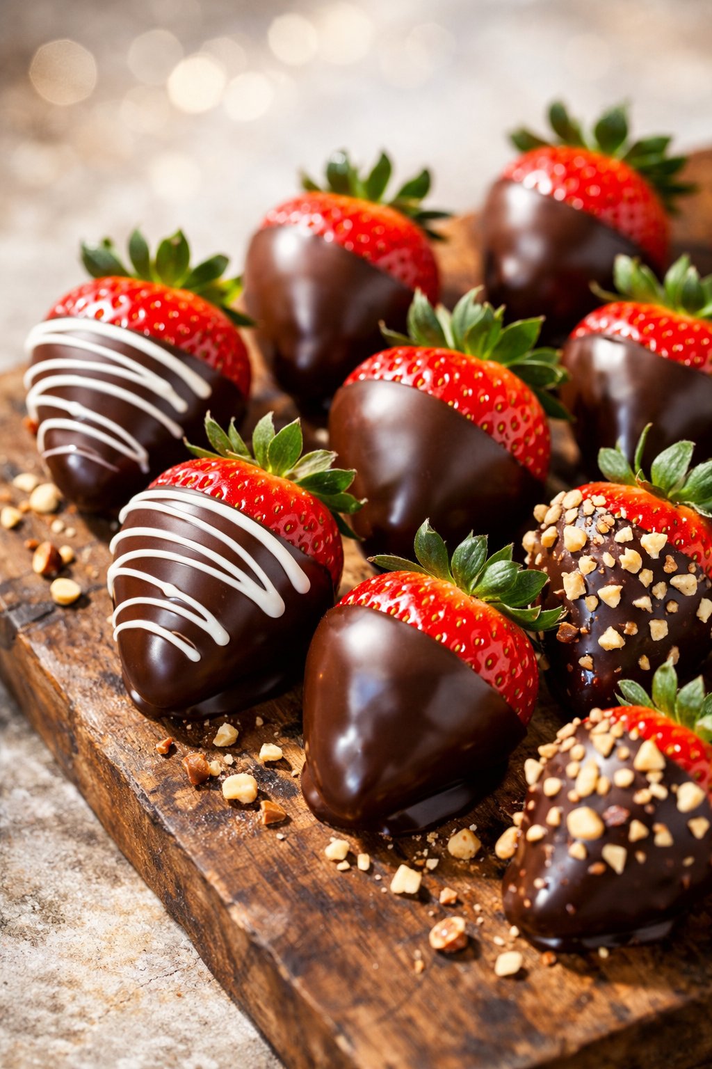Close-up of chocolate-covered strawberries arranged on a rustic surface with a blurred background.
