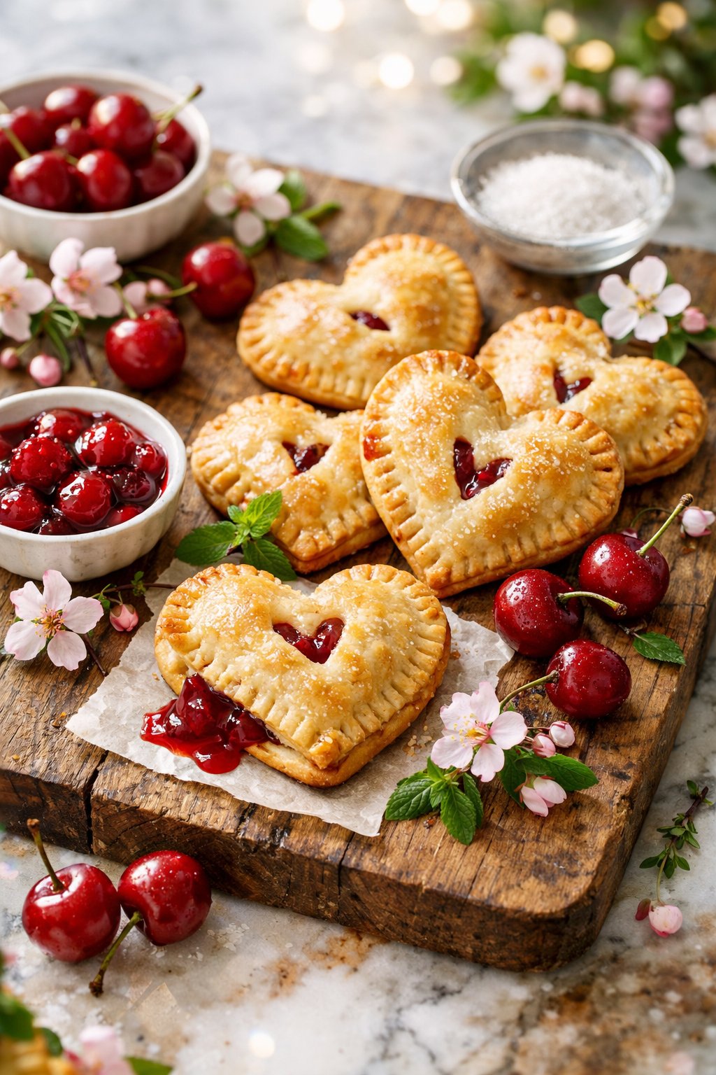 Heart-shaped cherry hand pies on a rustic wooden surface with fresh cherries and herbs around them.