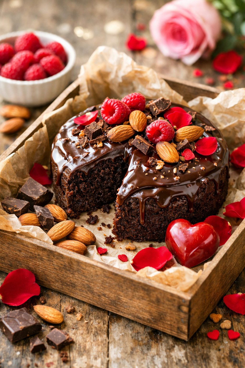 A close-up view of a chocolate cake made with almond flour, surrounded by almonds and red berries on a rustic surface.