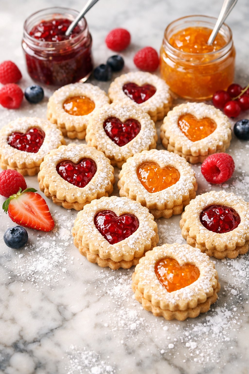 Linzer cookies with fruit jam arranged on a rustic wood or marble surface with fresh berries and jam jars.