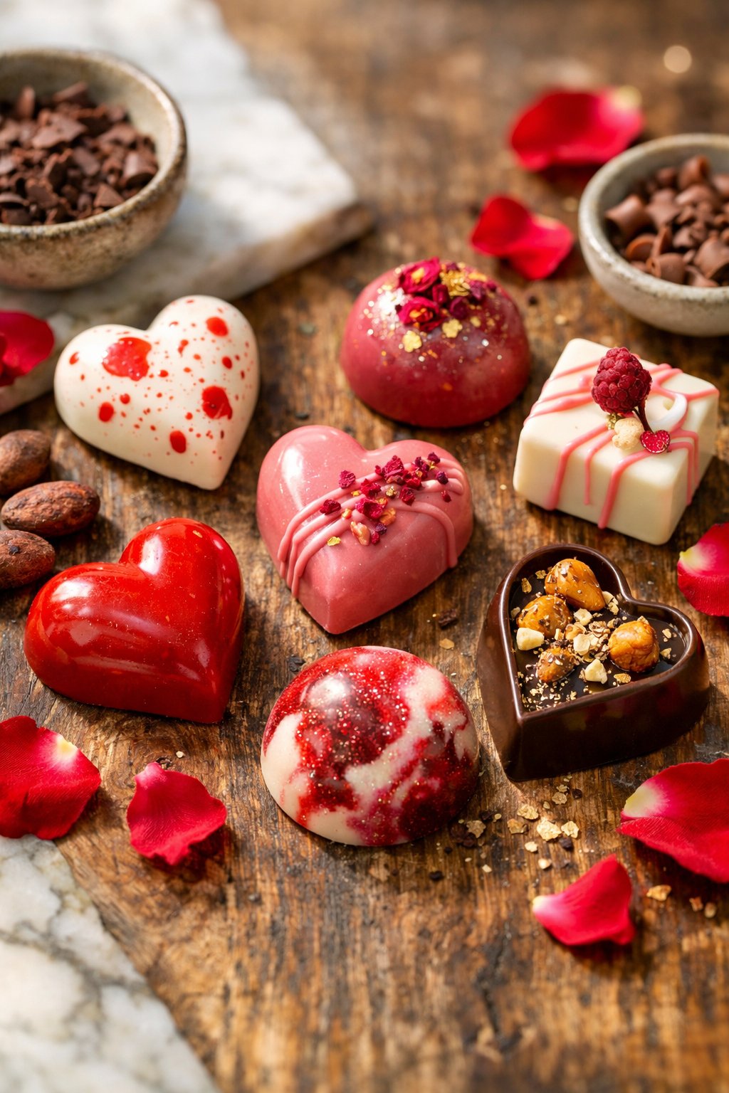 Seven assorted Valentine's Day chocolates arranged on a rustic wooden surface with fresh rose petals and cocoa beans around them.