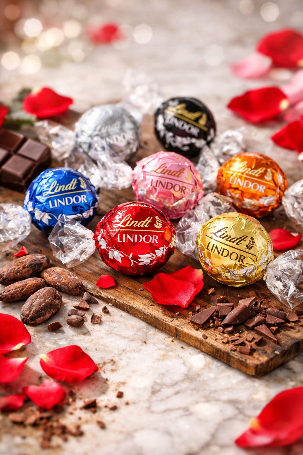 An assortment of Lindt Lindor truffles on a rustic surface surrounded by chocolate shavings and rose petals.