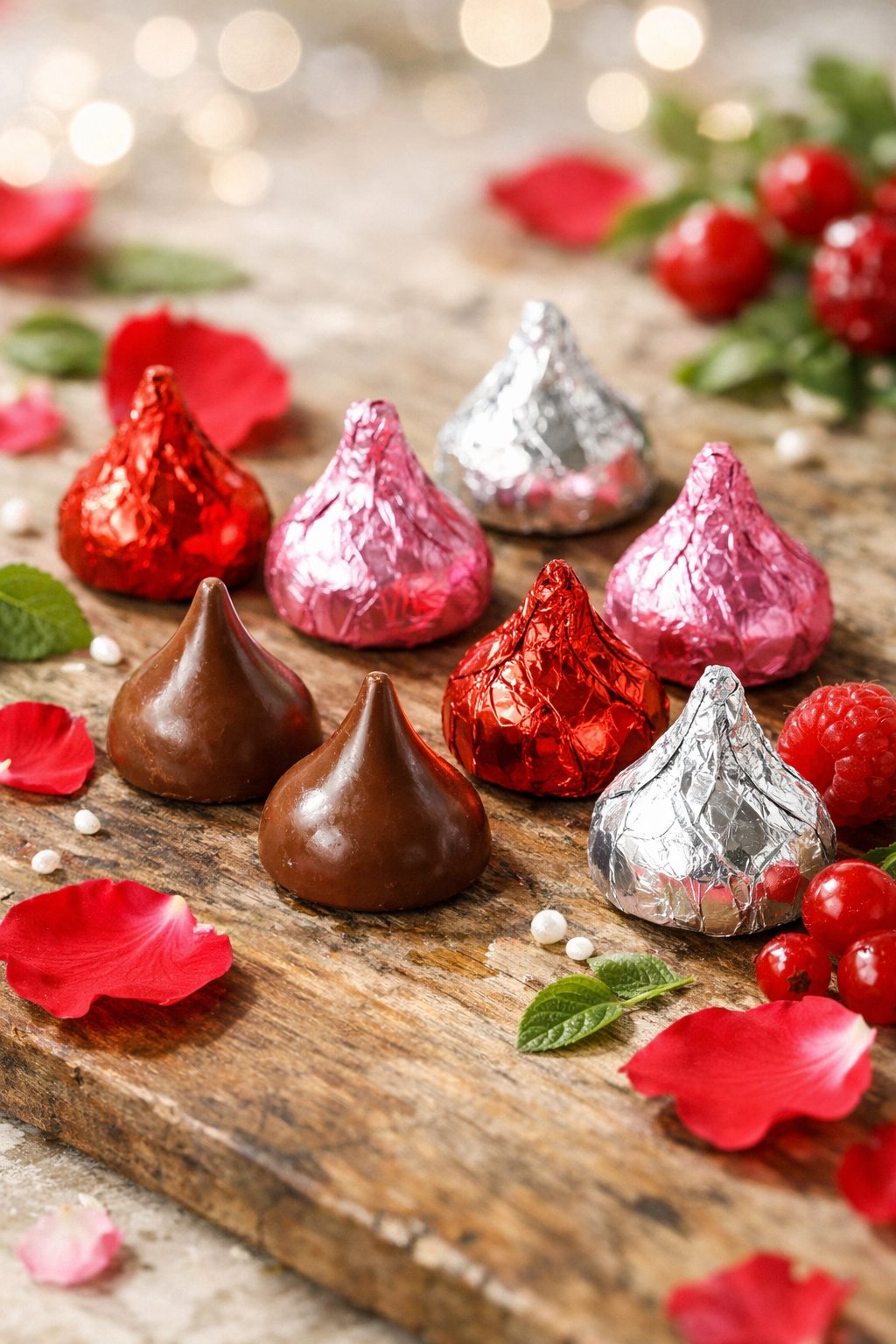 Seven Valentine's Day chocolates arranged on a rustic surface with rose petals and berries around them.