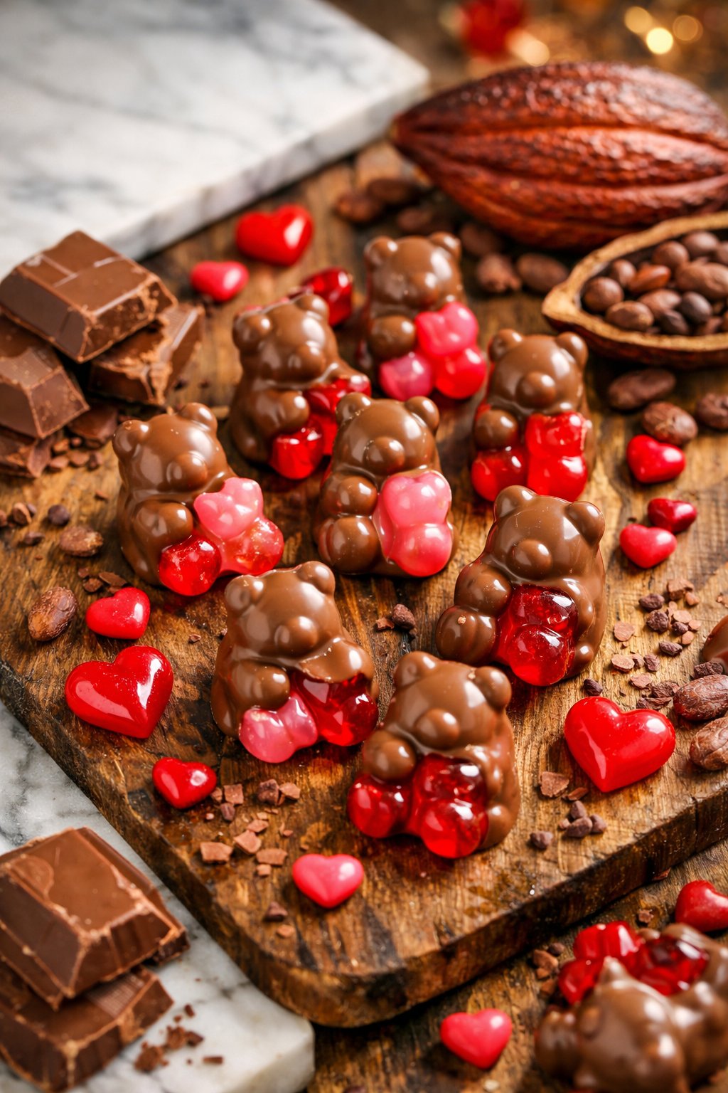 A close-up of colorful Valentine’s Day gummy bears arranged on a wooden surface with chocolate pieces and heart-shaped candies around them.