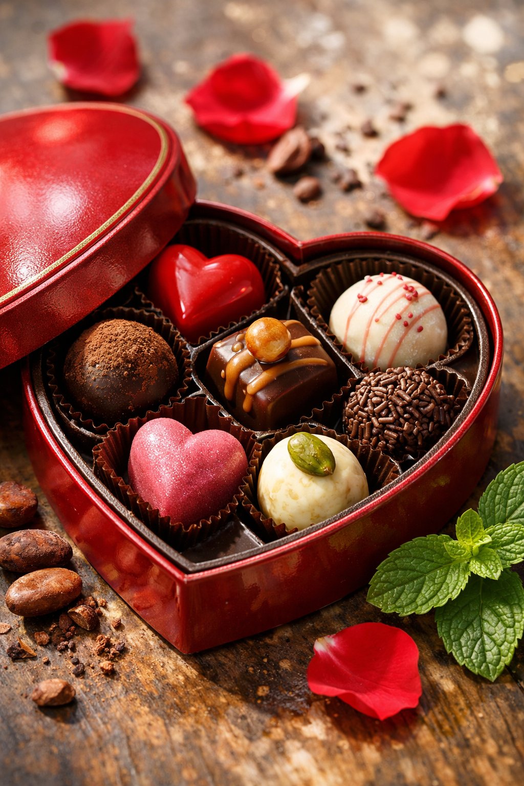An open gift box displaying seven heart-shaped chocolates on a rustic surface with fresh rose petals and mint leaves around.