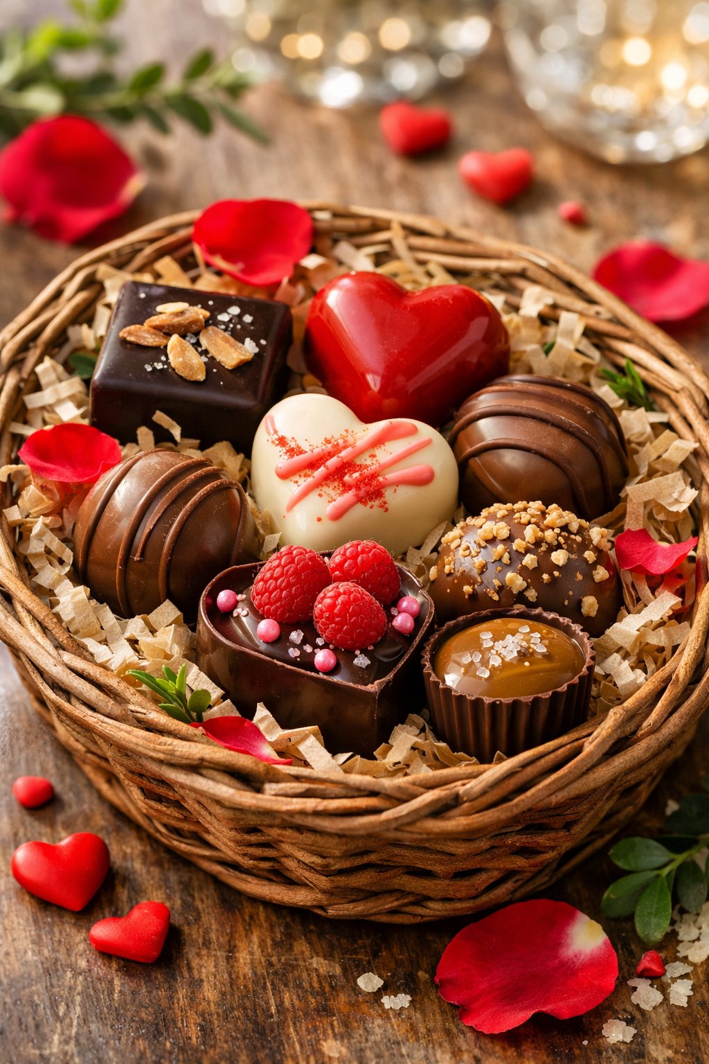 A basket containing seven assorted Valentine's Day chocolates placed on a rustic wooden or marble surface with soft natural light and a blurred background.