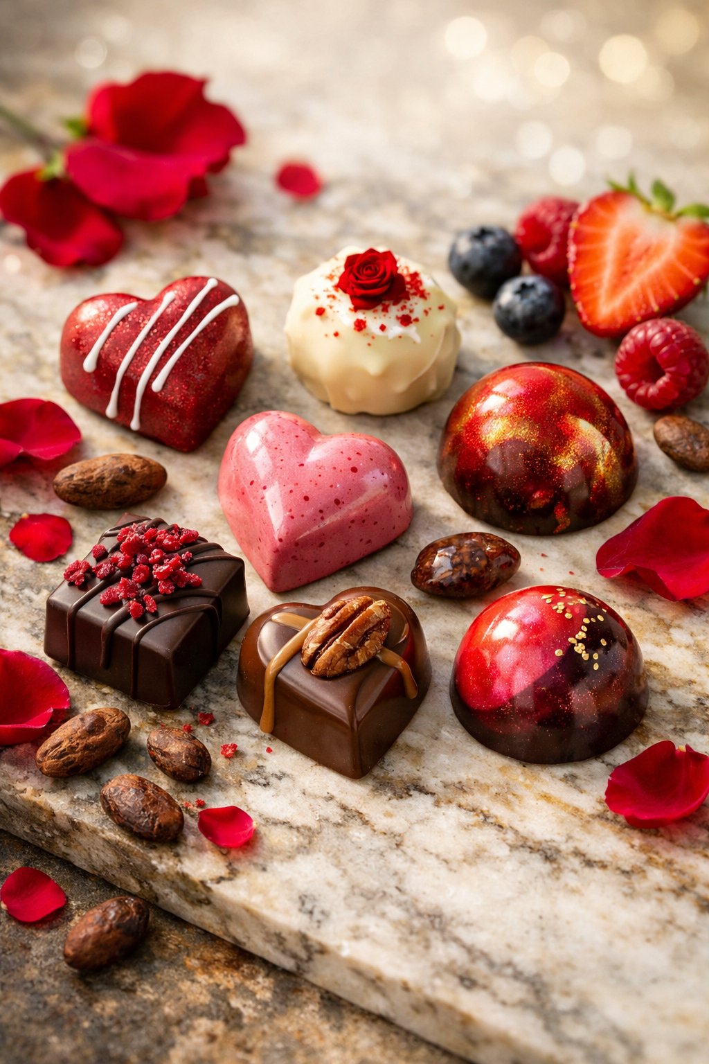 Seven assorted Valentine's Day chocolates arranged on a rustic surface with fresh ingredients around them.