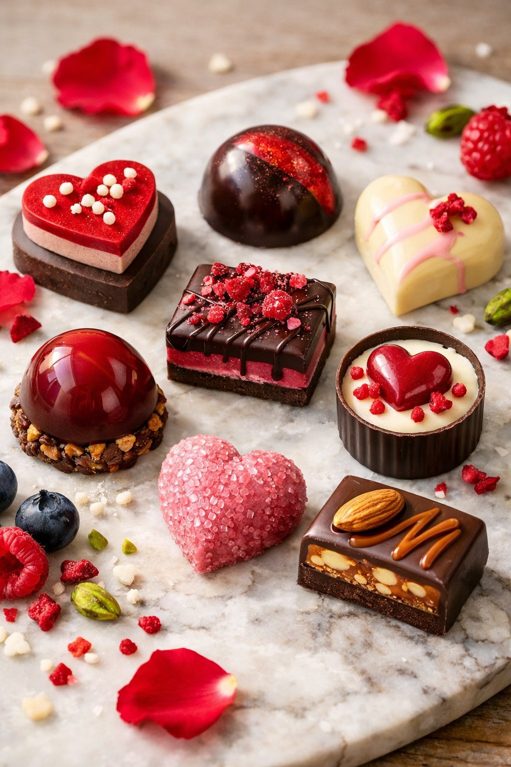 Seven assorted Valentine's Day chocolates arranged on a rustic wood or marble surface with fresh ingredients around them.