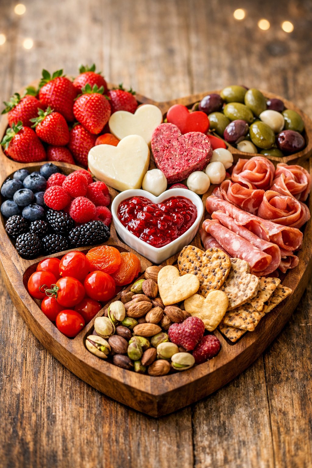 A Valentine's Day charcuterie board with fresh strawberries, cheeses, cured meats, berries, nuts, olives, and crackers arranged on a rustic wooden board.