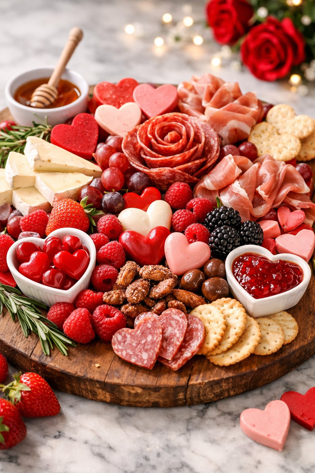 A Valentine's Day charcuterie board with an assortment of red and pink meats, cheeses, fresh berries, nuts, and herbs arranged on a rustic surface.