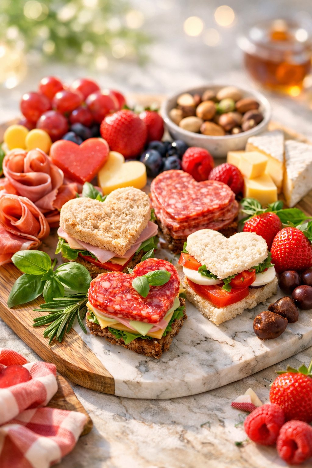 Heart-shaped mini sandwiches arranged on a rustic surface surrounded by fresh ingredients like cured meats, cheeses, berries, nuts, and herbs.