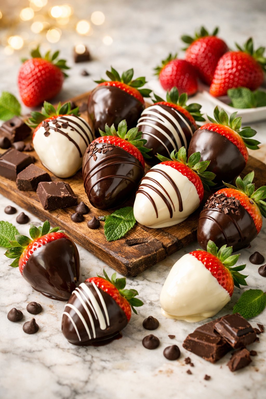 A close-up of chocolate-covered strawberries arranged on a rustic surface with fresh strawberries and chocolate pieces around them.