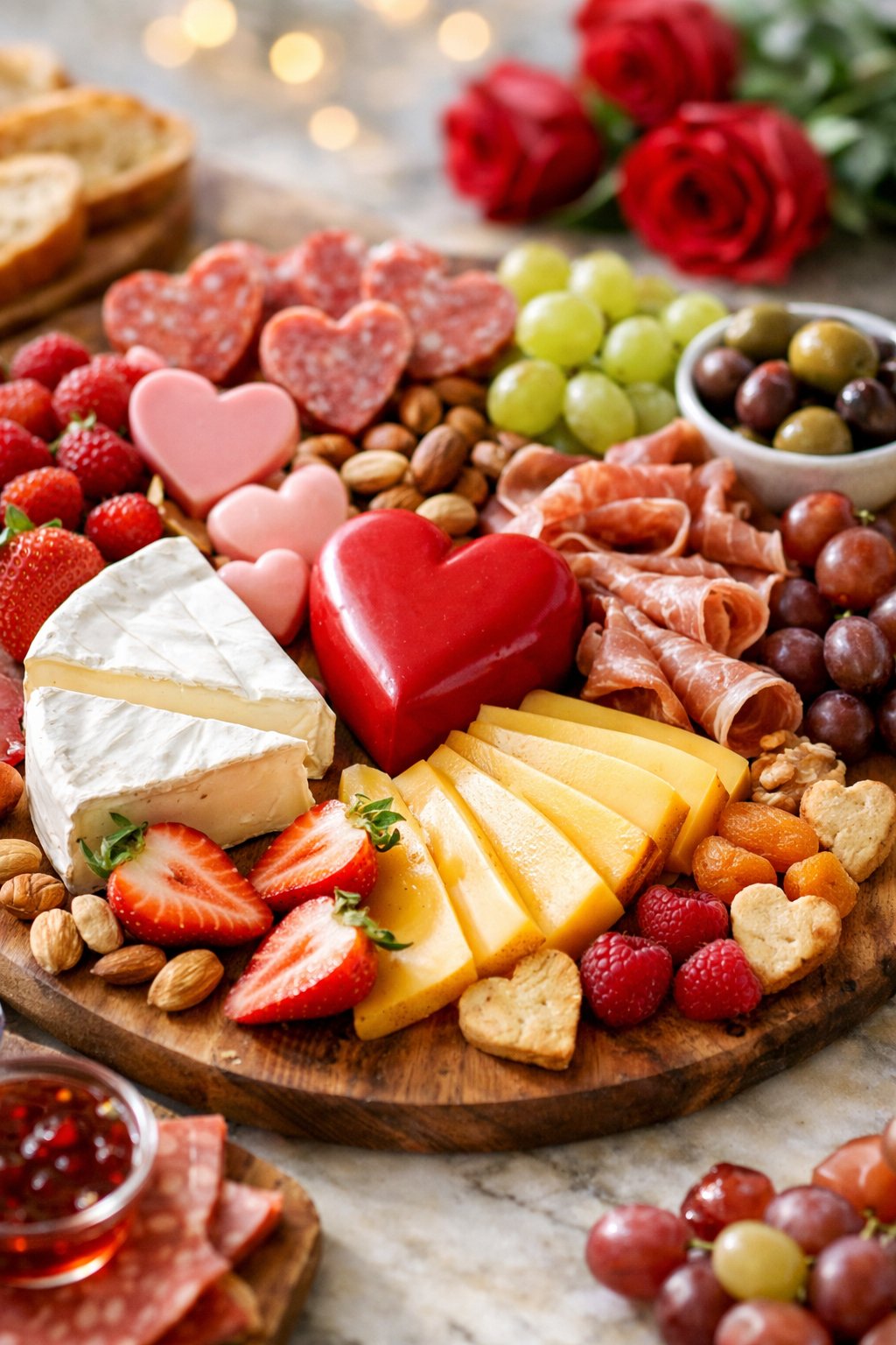 A Valentine's Day charcuterie board with assorted gourmet cheeses like Brie and Gouda, fresh grapes, nuts, and cured meats on a rustic wooden or marble surface.
