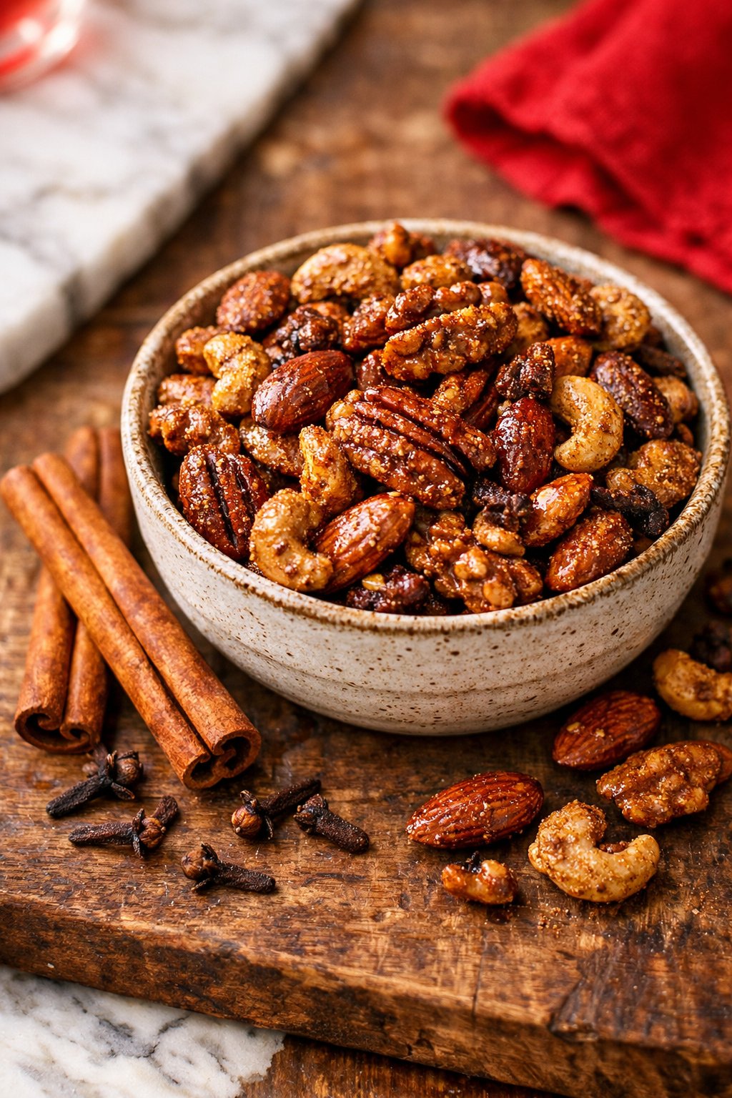 A bowl of spiced nuts with cinnamon sticks and cloves on a rustic wooden surface, surrounded by scattered spices.