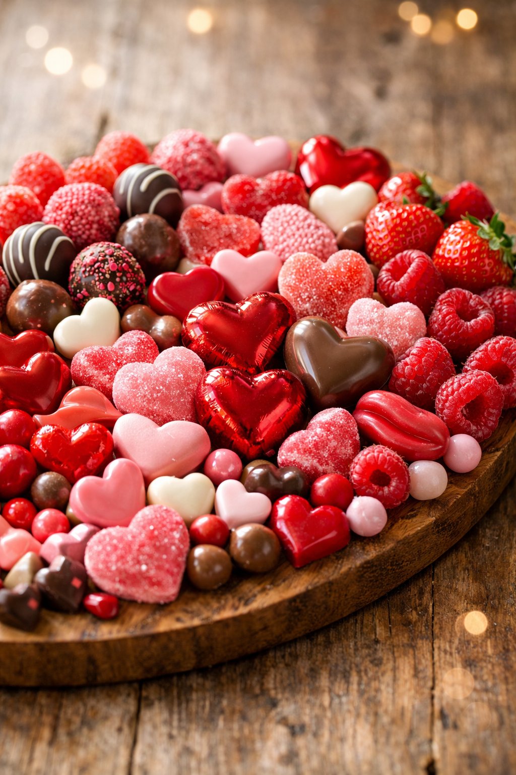 A Valentine's Day charcuterie board with various candies, chocolates, and fresh berries arranged on a rustic wood surface.
